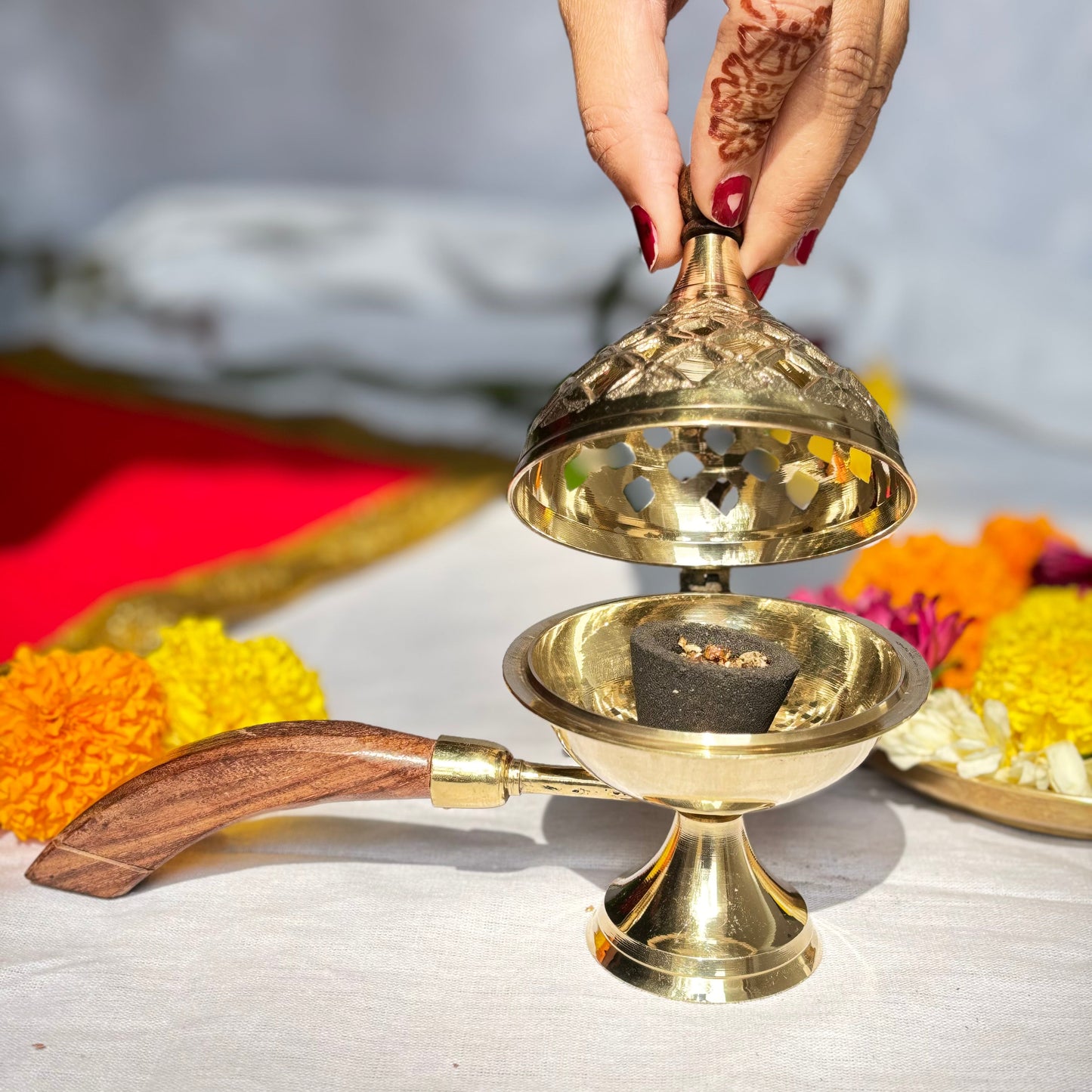 Temple Brass Dhoop Daan with Wooden Handle