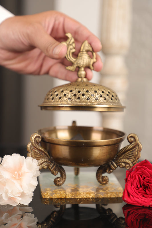 Brass Dhoop Daan with Pecock Lid