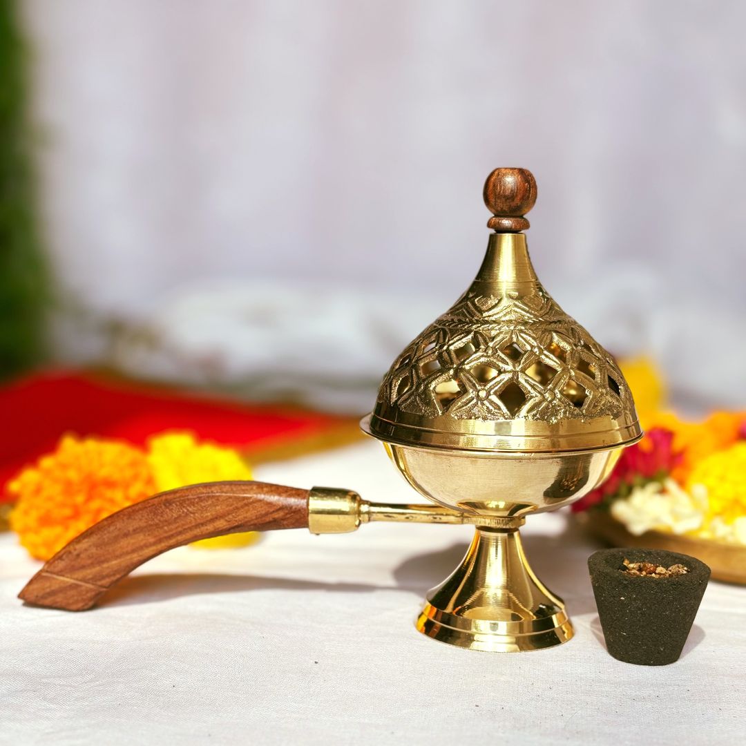 Temple Brass Dhoop Daan with Wooden Handle