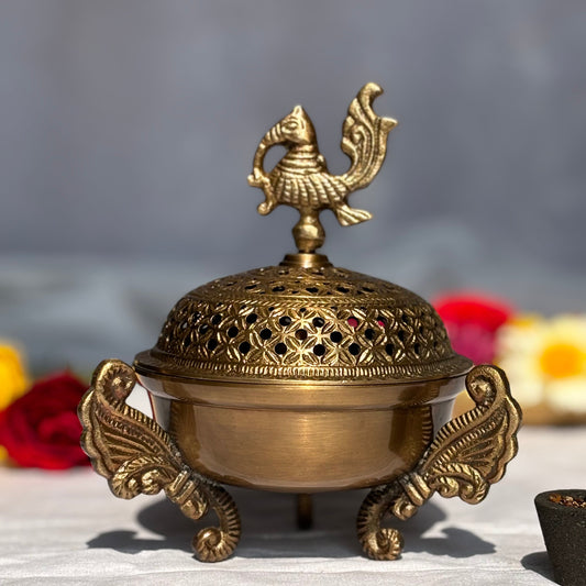 Brass Dhoop Daan with Pecock Lid